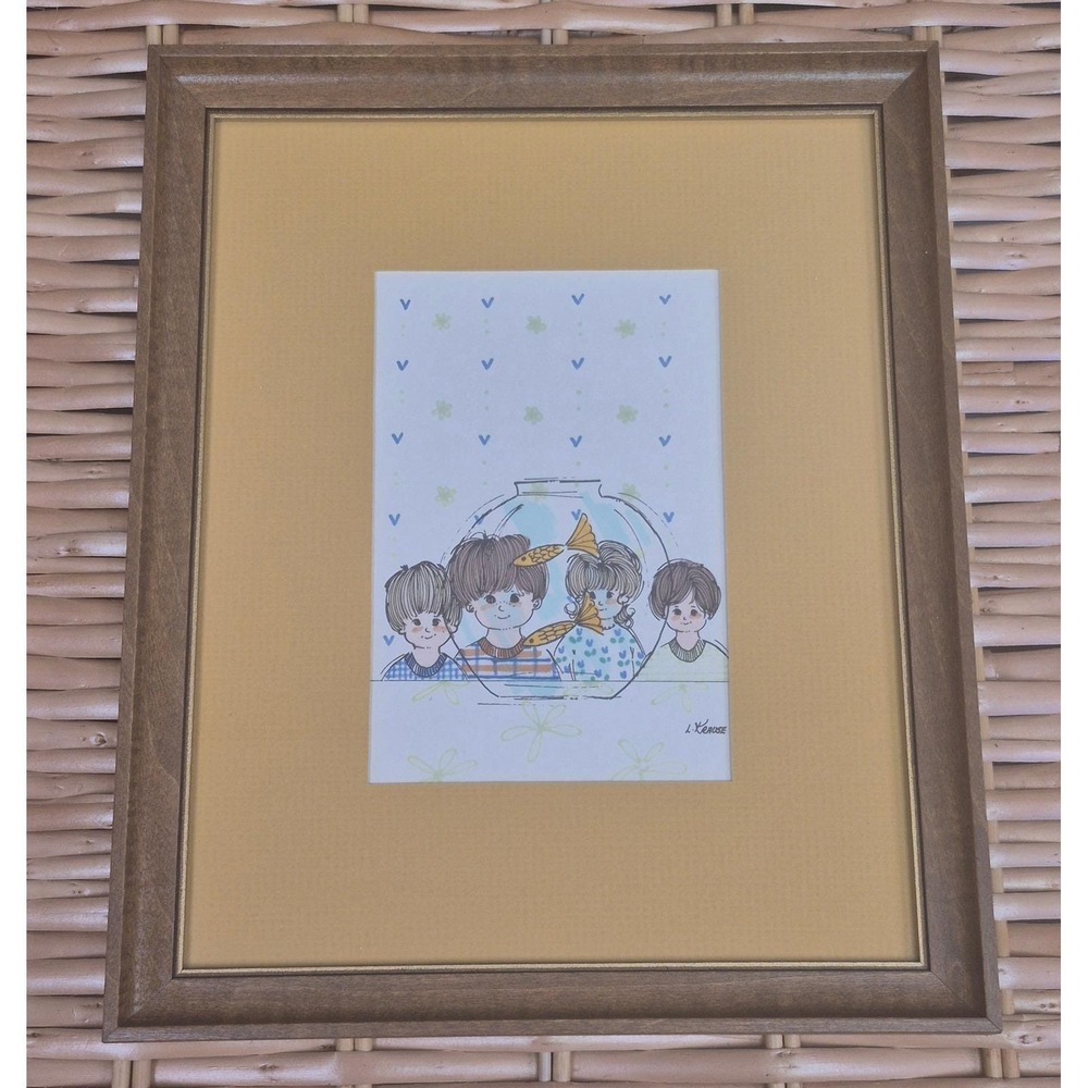 Vintage L Krause Signed Framed Kids Fishbowl Art Retro Nursery Wall Decor 9x11